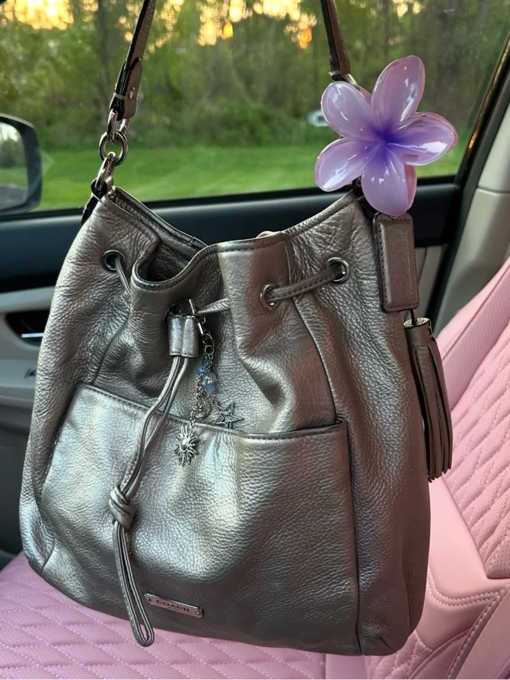 Coach Metallic Silver Drawstring Bucket Bag
